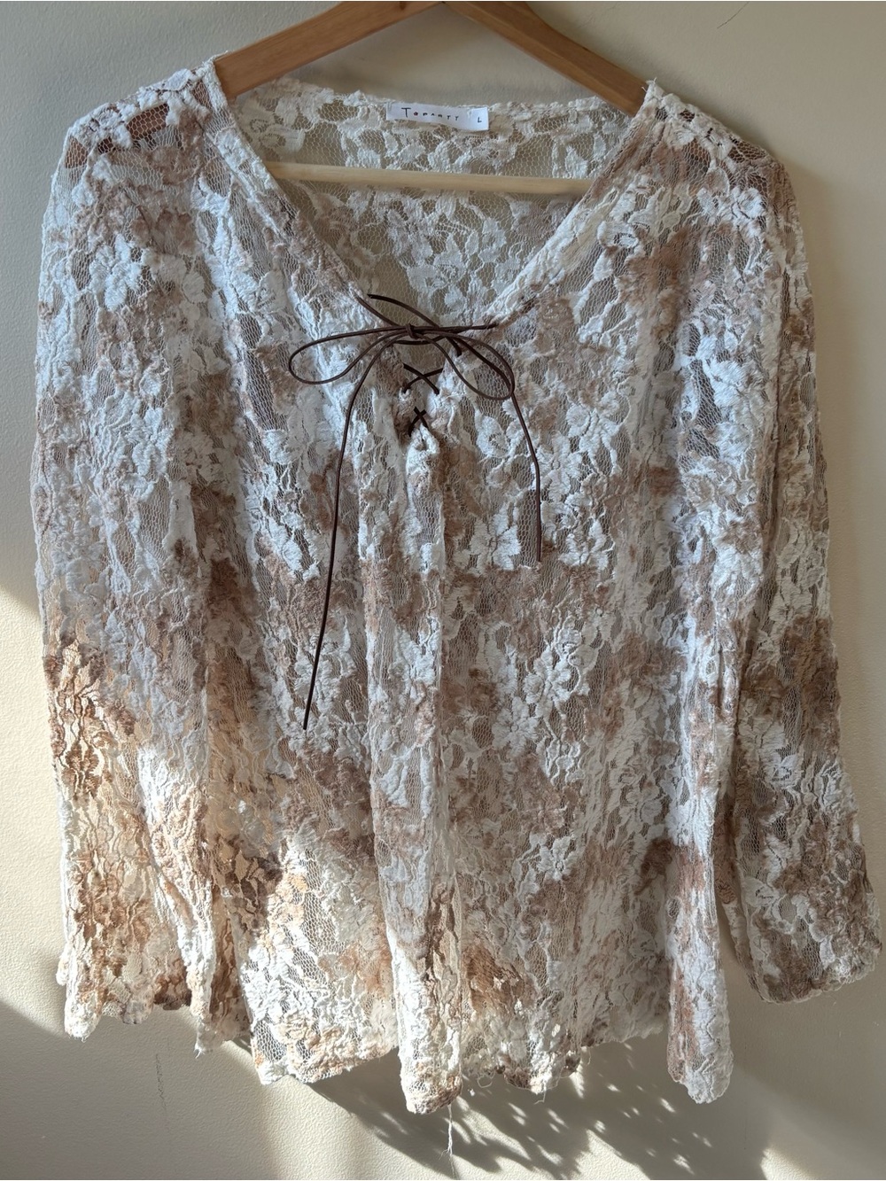 T Party Lace Long Sleeve Boho Top with Lace Up Detail